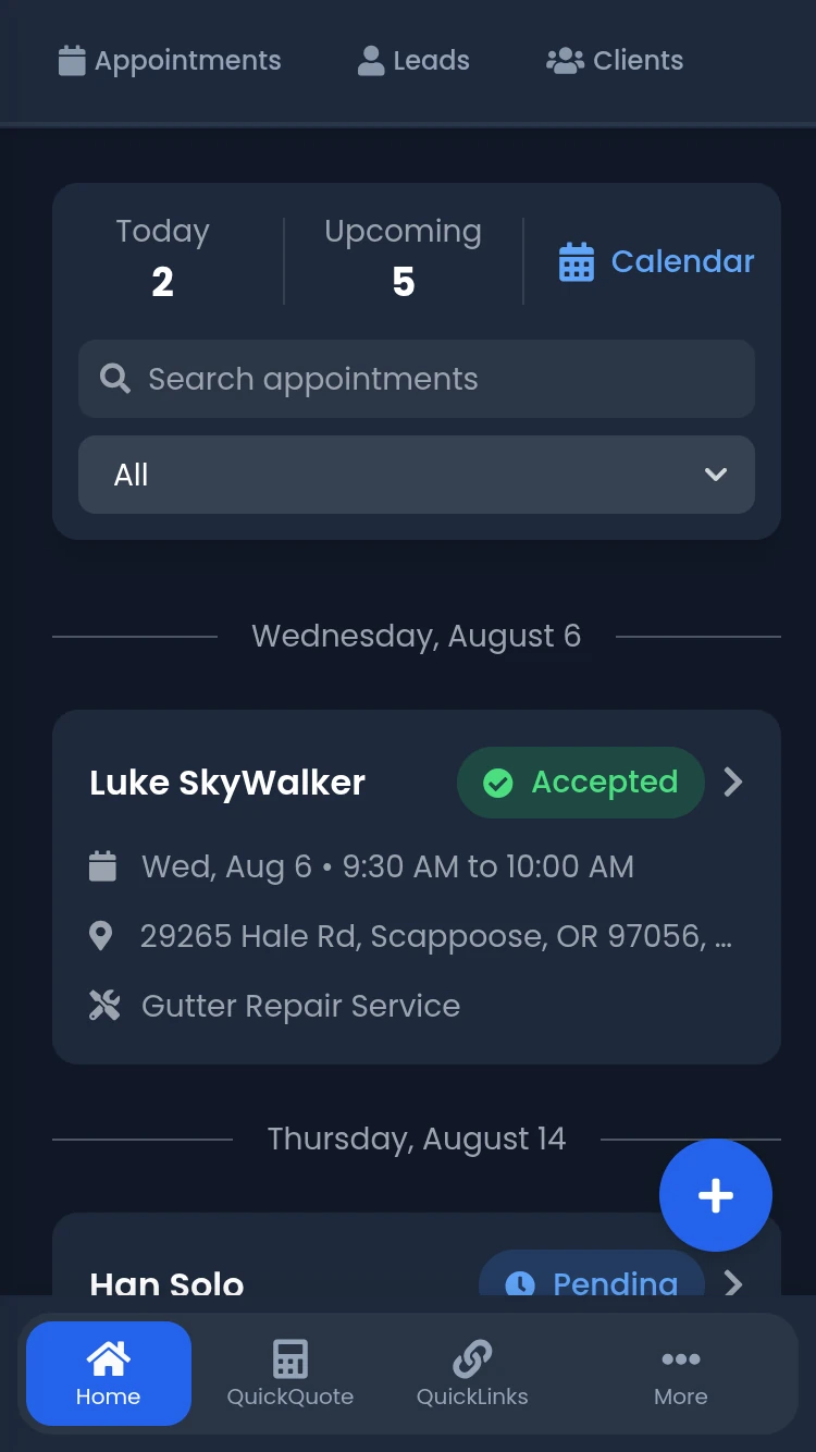 Roofer Dashboard Mobile